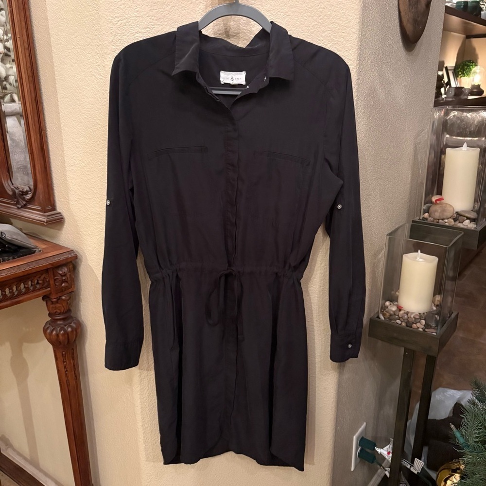 Lou & Grey Black Button Roll Tab Long Sleeve Drawstring Shirt Dress Size Medium